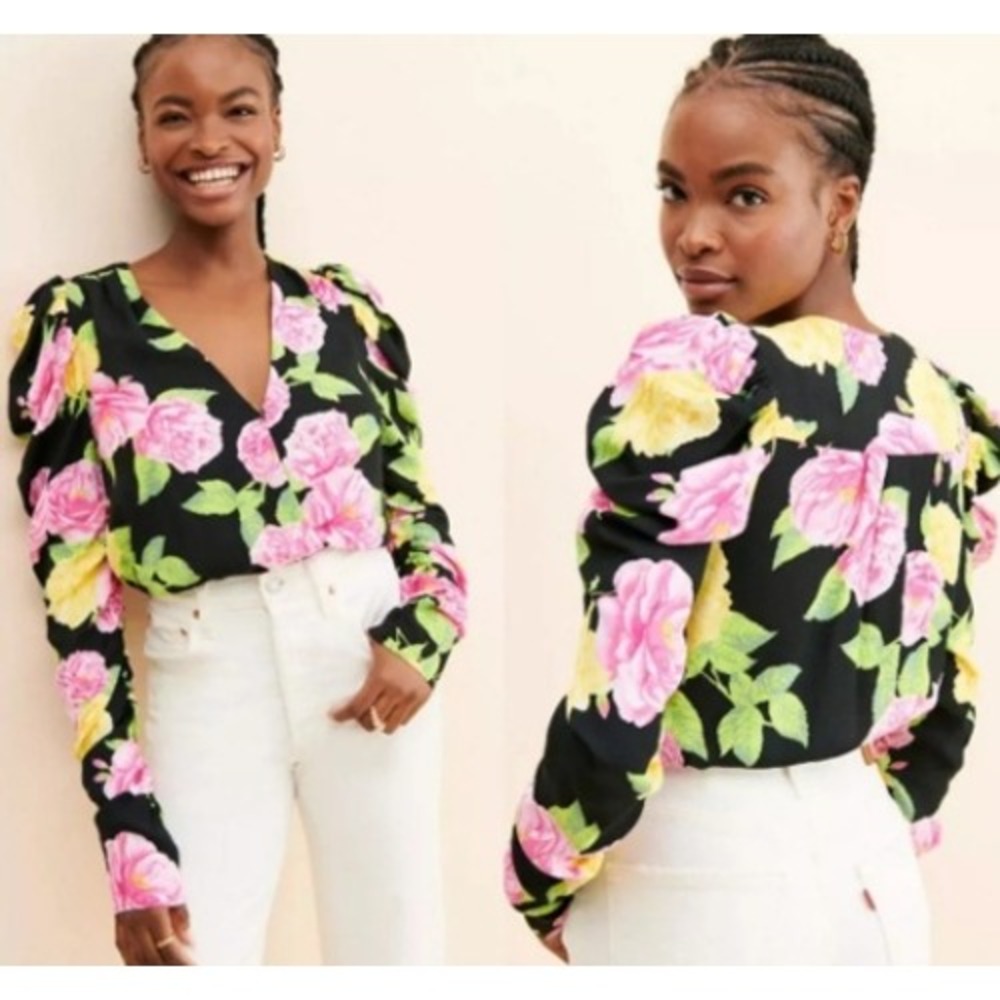 AFRM Free People Floral Bodysuit Women S Black Pink Puff Sleeve Surplice V-Neck